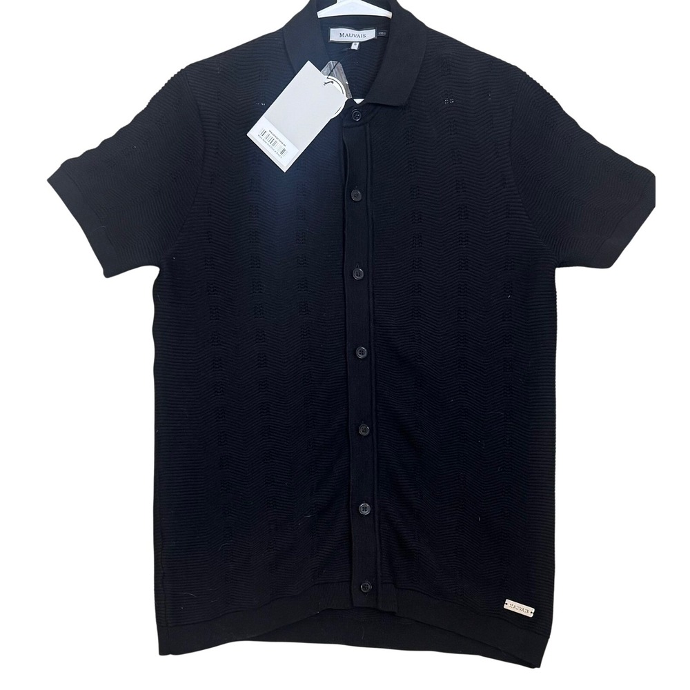 NWT Mauvais Men's Textured Black‎ Knit Short Sleeve Button Down Polo Shirt SZ S